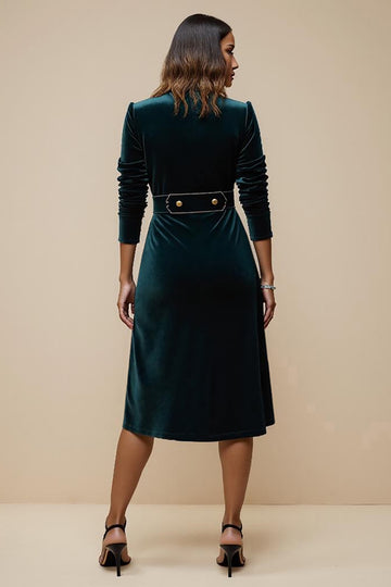 Peacock Blue Velvet V Neck Sheath Work Dress
